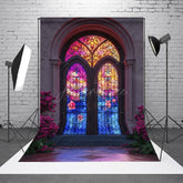 Aperturee - Aperturee Retro Colorful Glass Window Floral Photo Backdrop